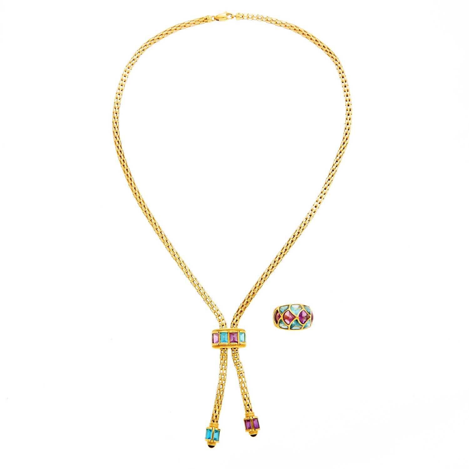 Lot 2037 - Gold, Blue Topaz and Amethyst Fringe Necklace and Ring