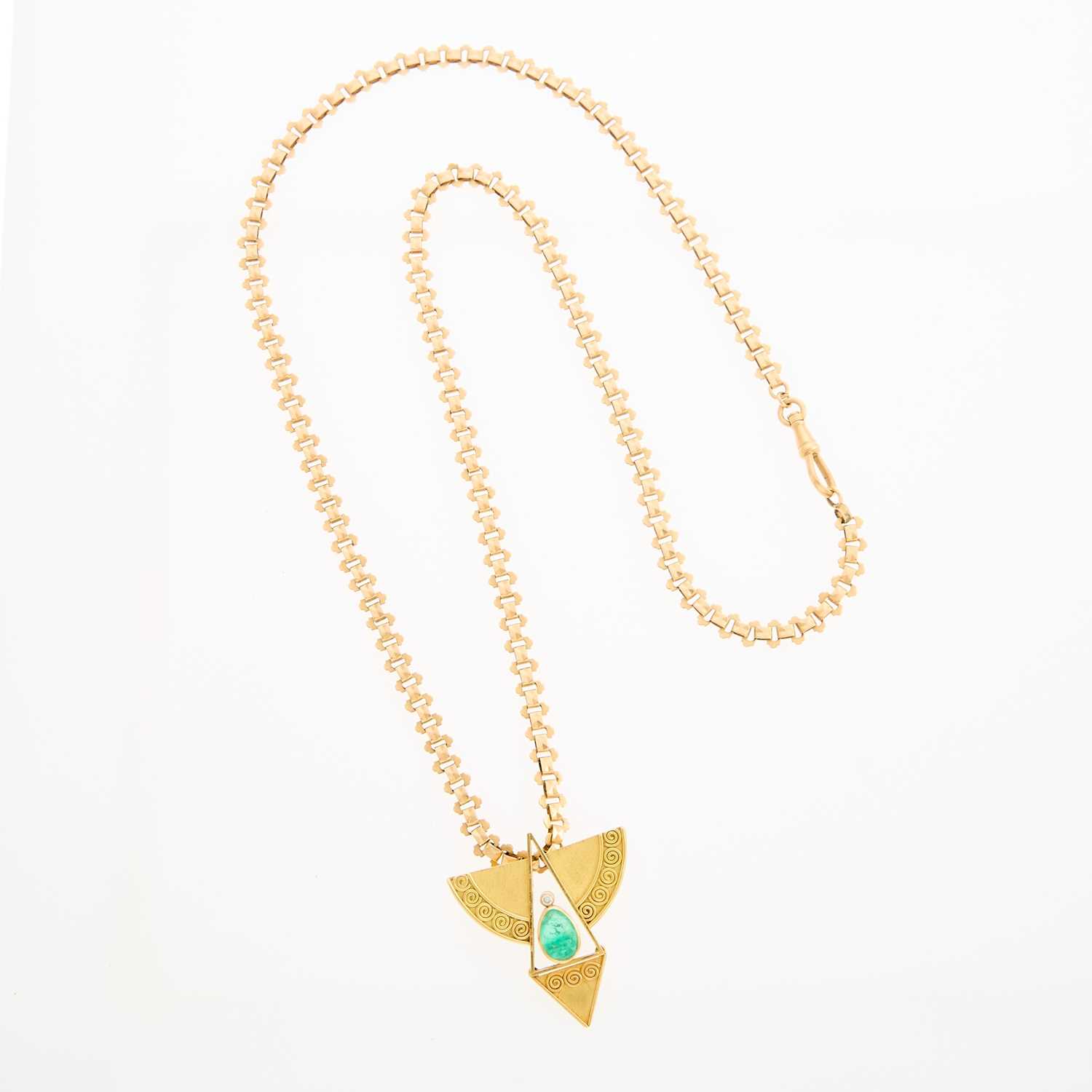 Lot 2152 - Gold, Cabochon Emerald and Diamond Pendant with Long Rose Gold Chain Necklace