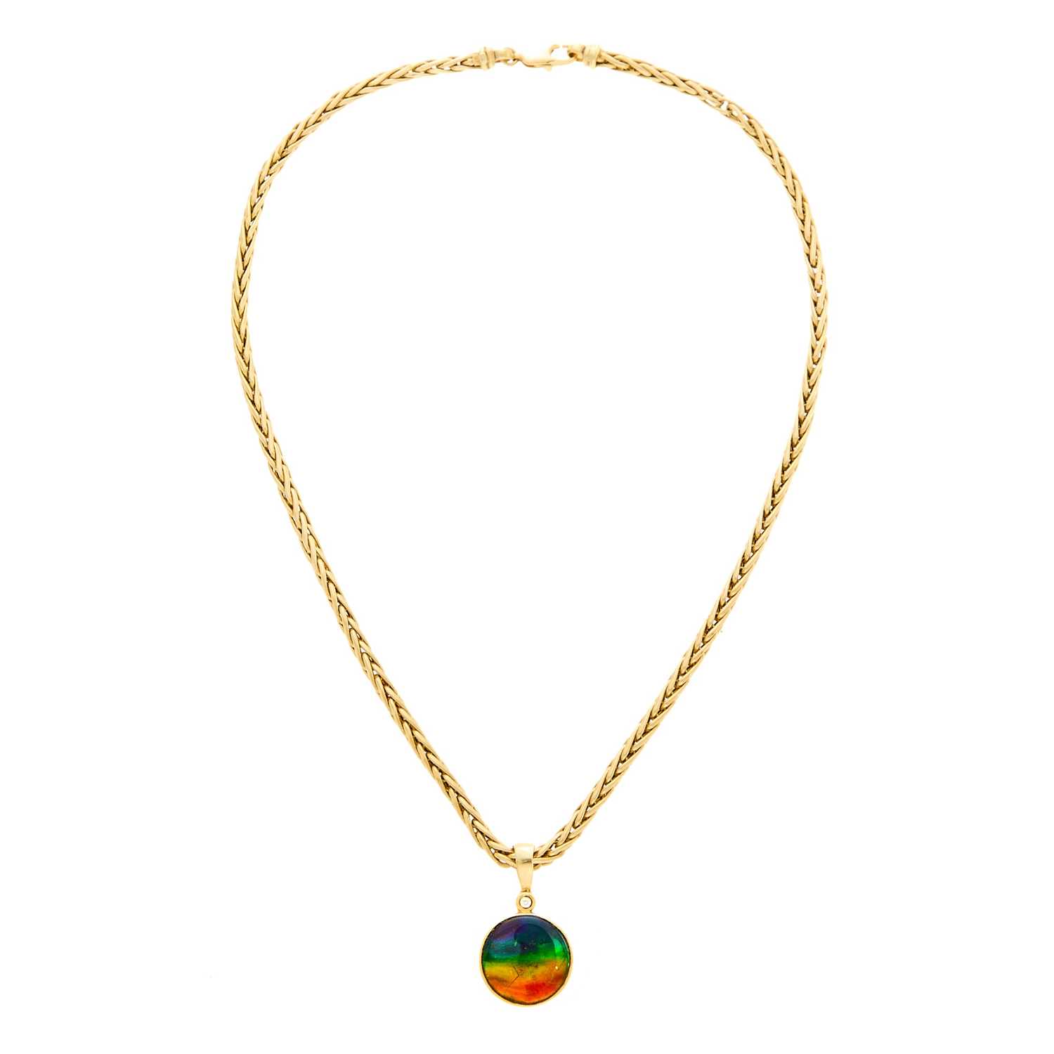 Lot 2070 - Gold, Iridescent Shell Doublet and Diamond Pendant with Chain Necklace