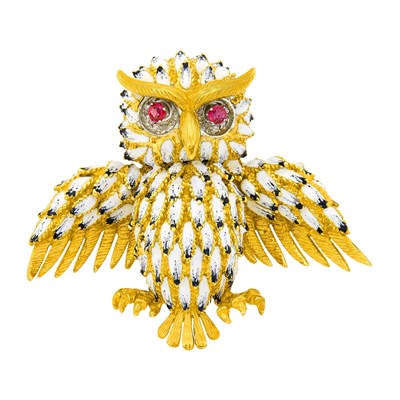 Lot 1027 - Gold, Enamel, Ruby and Diamond Owl Clip-Brooch