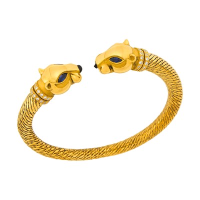 Lot 2 - Cartier Gold, Sapphire and Diamond Panther Bangle Bracelet, France
