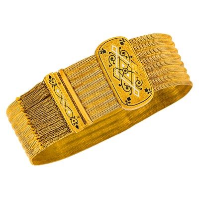 Lot 65 - Antique Gold and Enamel Mesh Fringe Slide Bracelet
