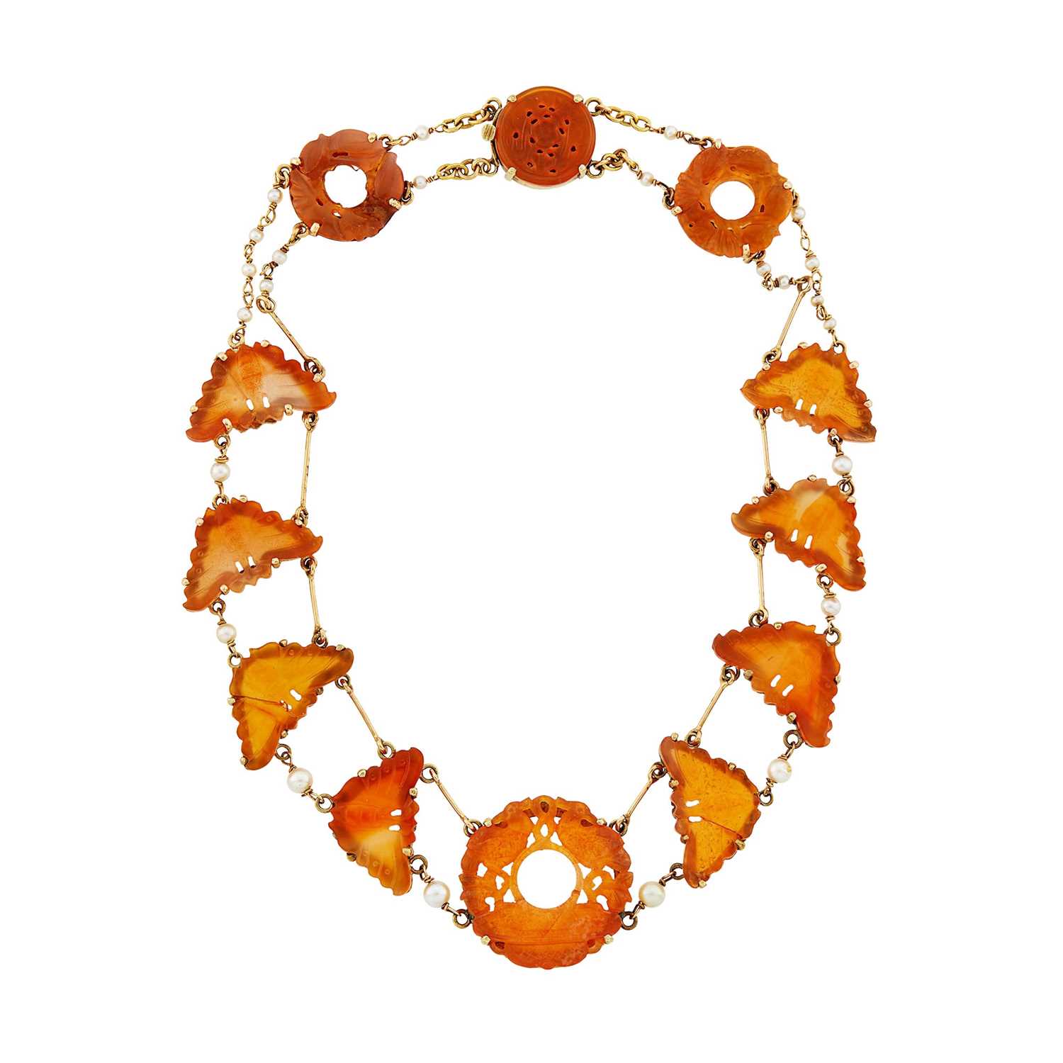 Lot 1073 - Double Strand Gold, Carved Carnelian and Cultured Pearl Necklace