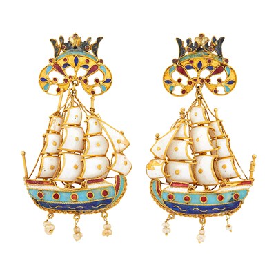 Lot 2024 - Pair of Antique Gold and Enamel Ship Pendant-Earrings