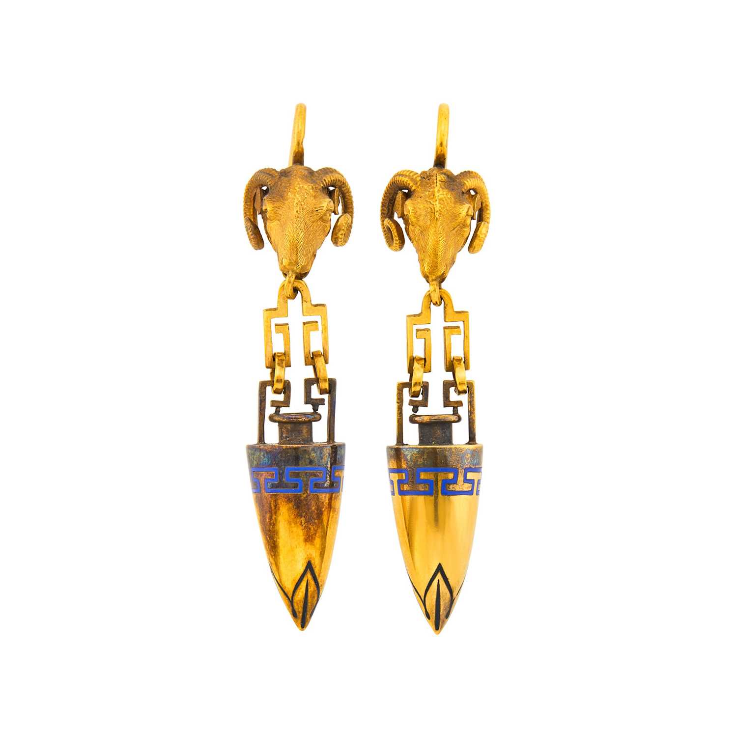 Lot 1067 - Pair of Archaeological Revival Gold and Enamel Pendant-Earrings, France