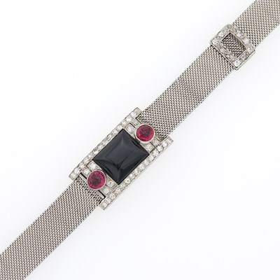Lot 2219 - Platinum, Black Onyx, Diamond and Carved Ruby Bracelet-Watch Fragment