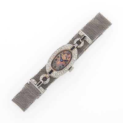 Lot 2217 - Platinum, Diamond and Black Onyx Mesh Wristwatch
