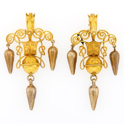 Lot 2168 - Etruscan Revival Pair of Gold and Metal Horse Pendant-Earrings