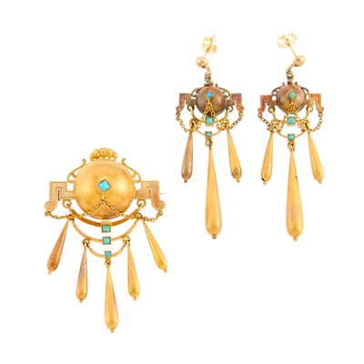 Lot 2142 - Archaeological Revival Pair of Gold and Turquoise Pendant-Earrings and Brooch