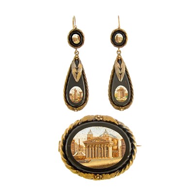 Lot 2179 - Pair of Antique Silver and Archaeological Micromosaic Pendant-Earrings and Brooch