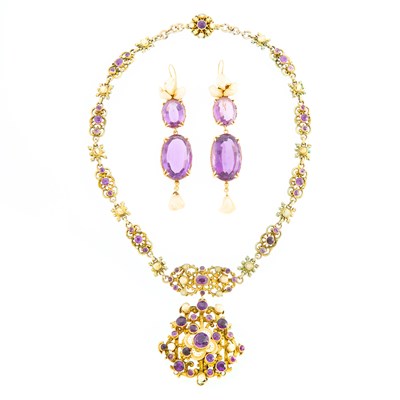 Lot 2164 - Antique Silver, Enamel, Amethyst and Freshwater Pearl Necklace and Pair of Gold, Amethyst and Freshwater Pearl Pendant-Earrings