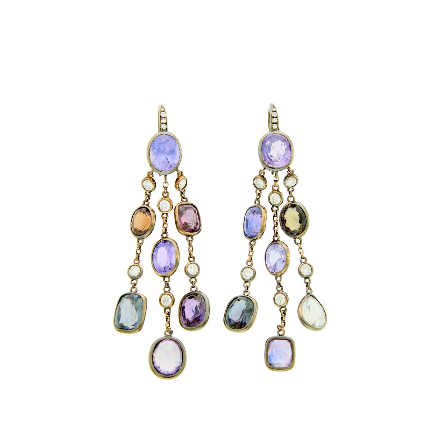 Lot 2129 - Pair of Blackened Gold, Multicolored Sapphires and Diamond Pendant-Earrings