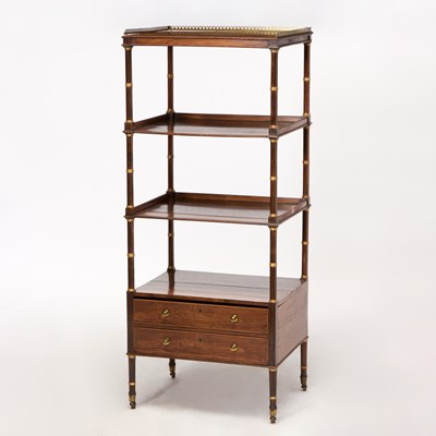 Lot 488 - Regency Gilt-Bronze Mounted Kingwood, Rosewood, and Fruitwood-Inlaid Parcel-Gilt Etagere