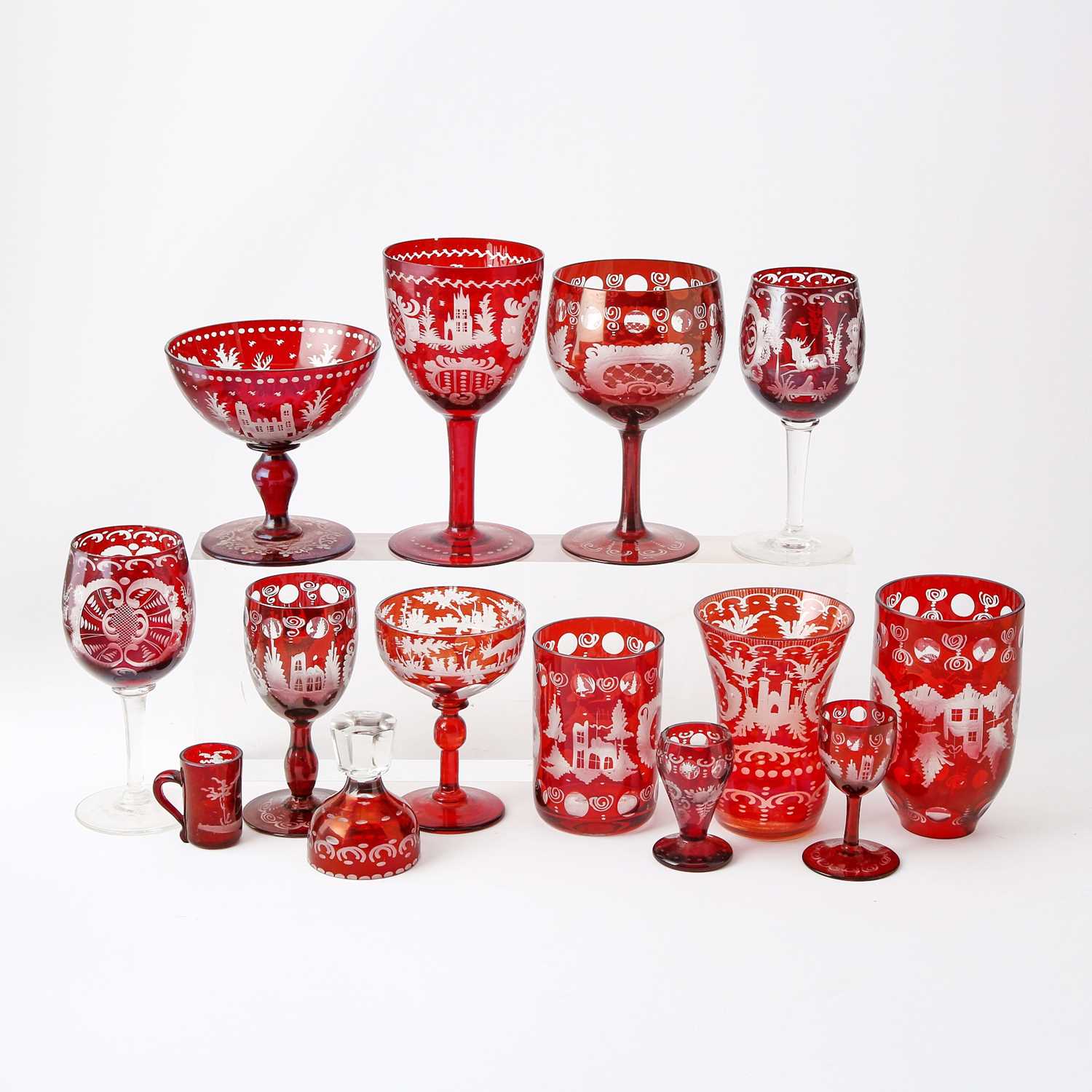 Lot 249 - Group of Bohemian Blown Ruby Cut to Clear Glassware
