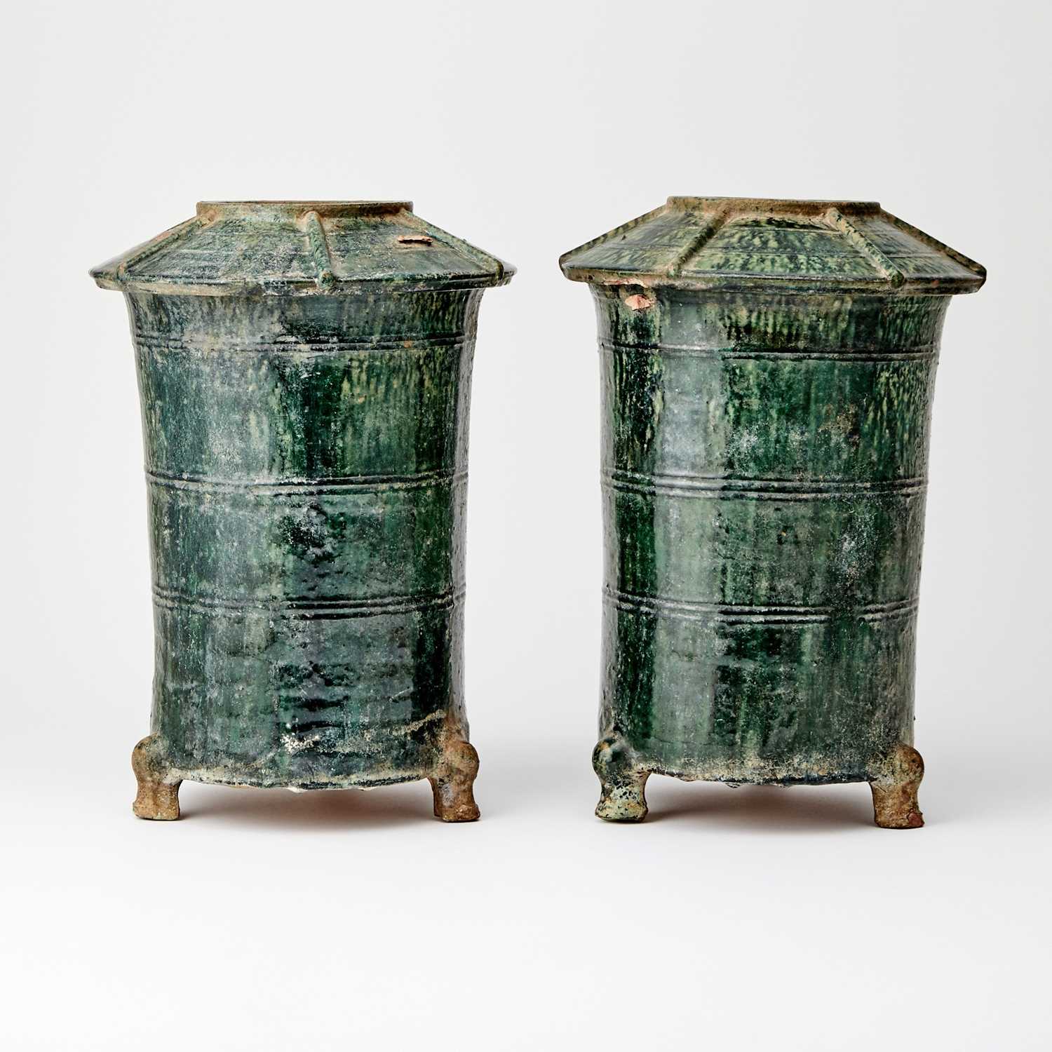Lot 128 - Pair of Chinese Green Glazed Pottery Granary Vessels
