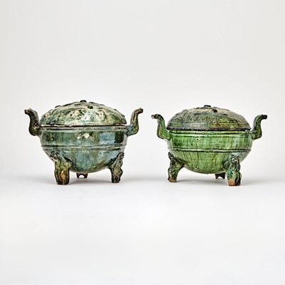 Lot 130 - Pair of Chinese Green Glazed Pottery Ding Vessels