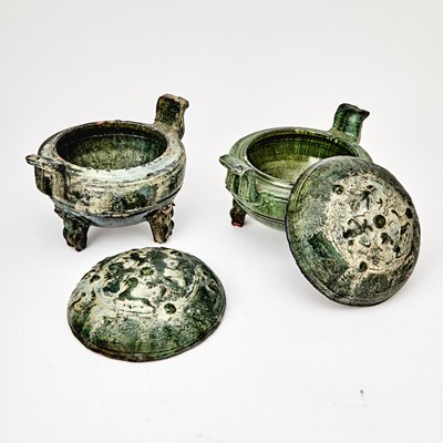 Lot 130 - Pair of Chinese Green Glazed Pottery Ding Vessels