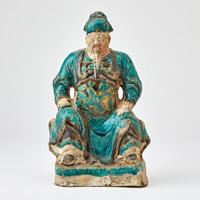 Lot 129 - Chinese Glazed Pottery Figure of Guandi and Shrine