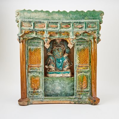 Lot 129 - Chinese Glazed Pottery Figure of Guandi and Shrine