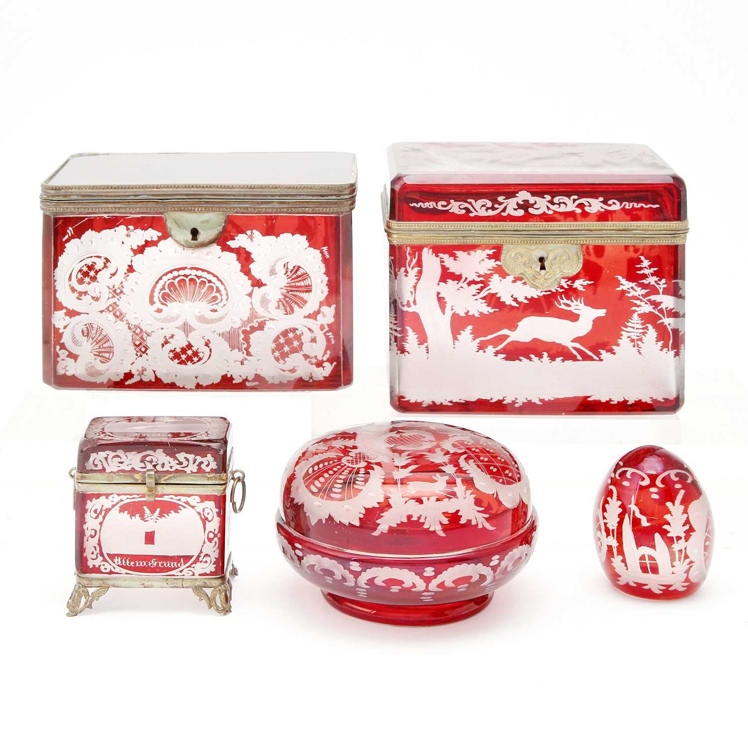Lot 241 - Four Bohemian Blown Ruby Cut to Clear Glass Boxes Together with an Egg