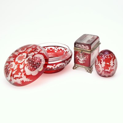 Lot 241 - Four Bohemian Blown Ruby Cut to Clear Glass Boxes Together with an Egg