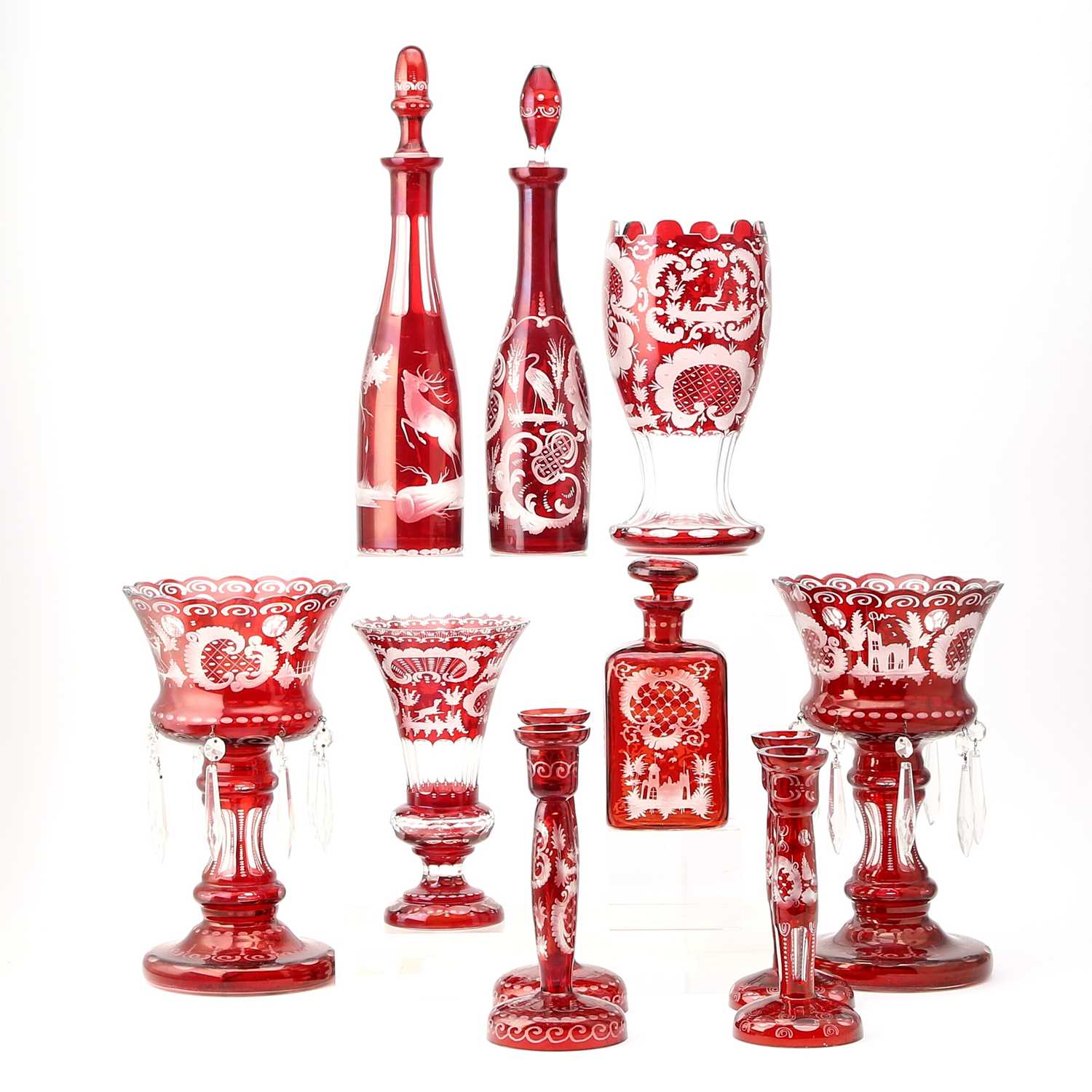 Lot 242 - Group of Bohemian Ruby Cut to Clear Glass Table Articles