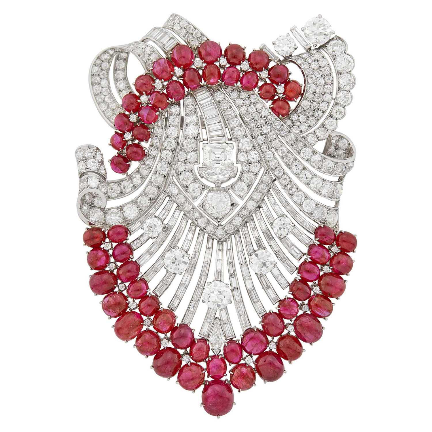 Lot 108 - Platinum, Diamond and Cabochon Ruby Clip-Brooch