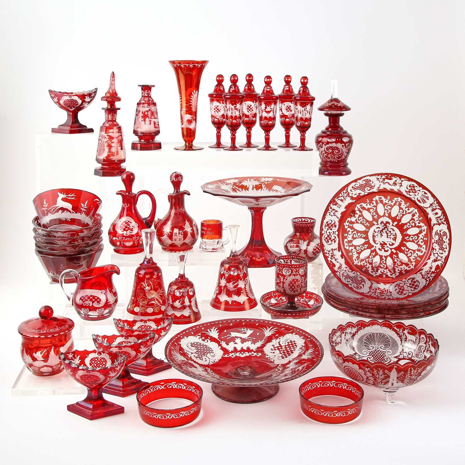 Lot 244 - Group of Bohemian Blown Ruby Cut to Clear Glass Table Articles
