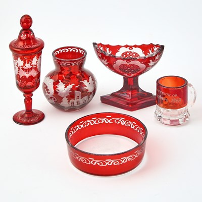 Lot 244 - Group of Bohemian Blown Ruby Cut to Clear Glass Table Articles