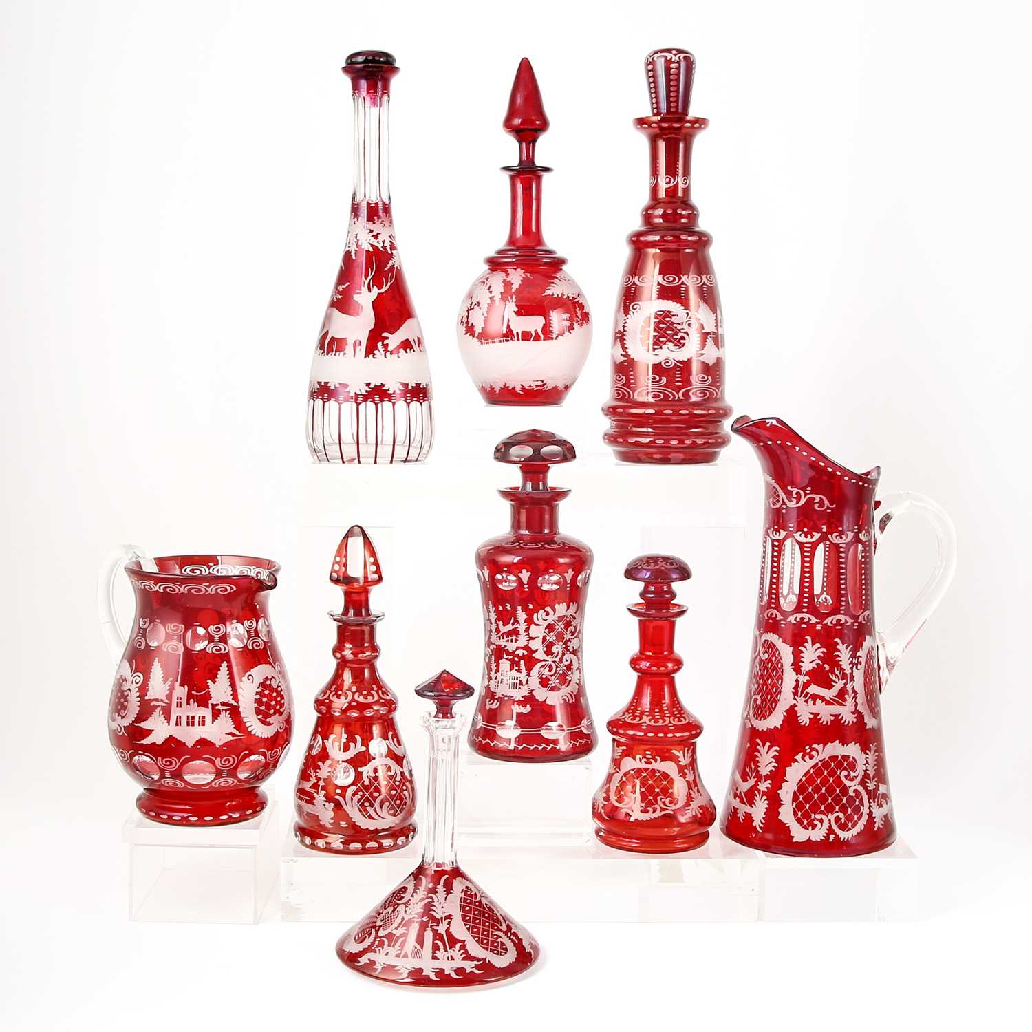 Lot 245 - Group of Bohemian Blown Ruby Cut to Clear Glass Table Articles