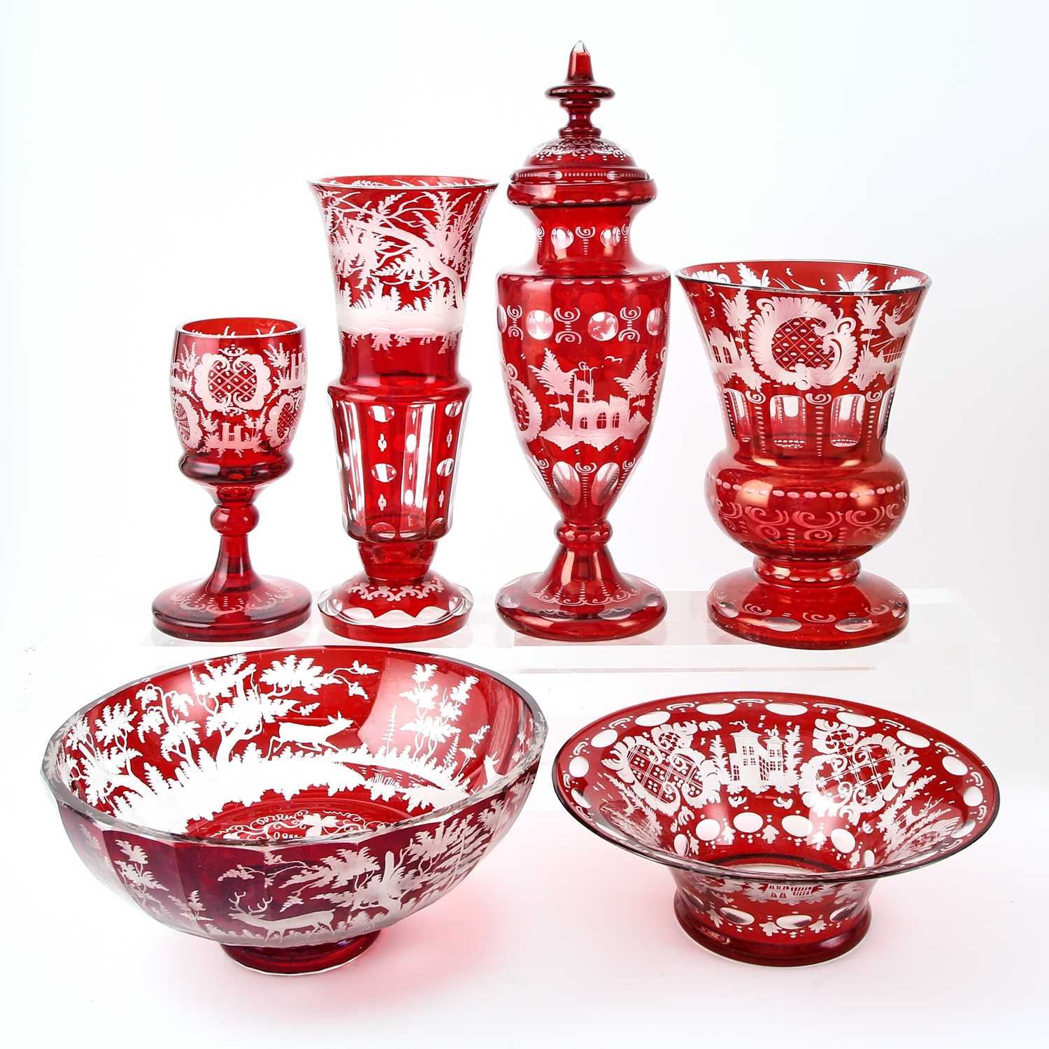 Lot 246 - Six Bohemian Blown Ruby Cut to Clear Glass Table Articles