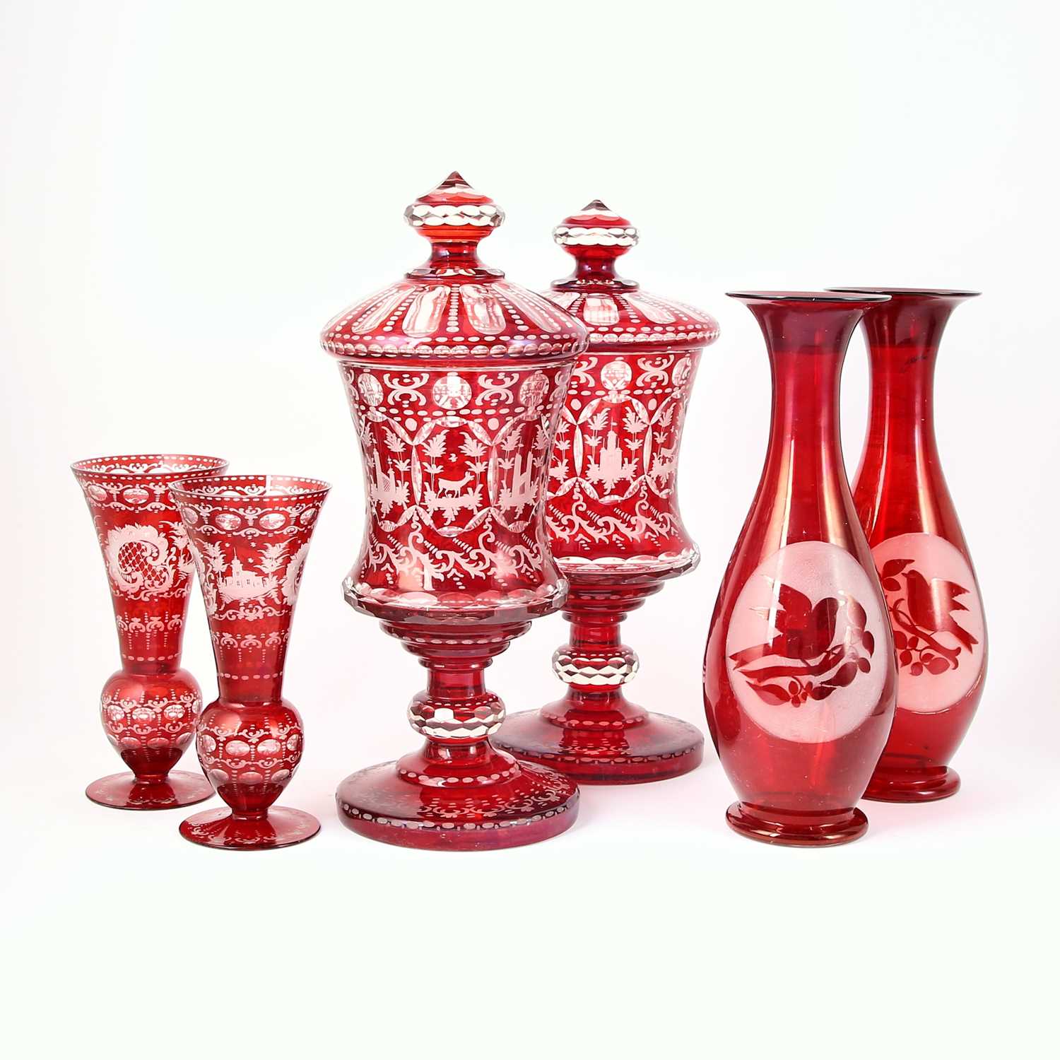 Lot 247 - Three Pairs of Bohemian Blown Ruby Cut to Clear Glass Vases