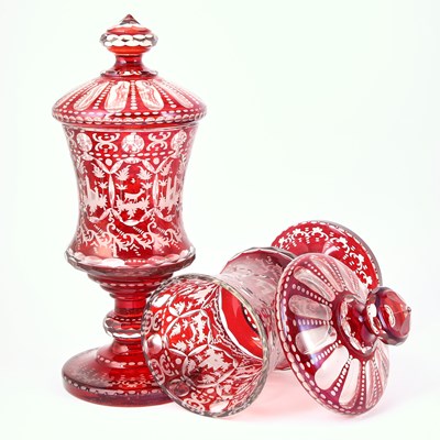 Lot 247 - Three Pairs of Bohemian Blown Ruby Cut to Clear Glass Vases