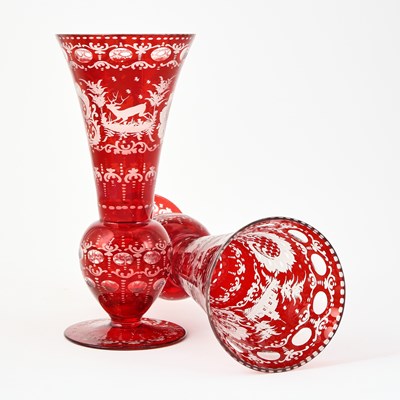 Lot 247 - Three Pairs of Bohemian Blown Ruby Cut to Clear Glass Vases