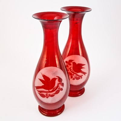 Lot 247 - Three Pairs of Bohemian Blown Ruby Cut to Clear Glass Vases