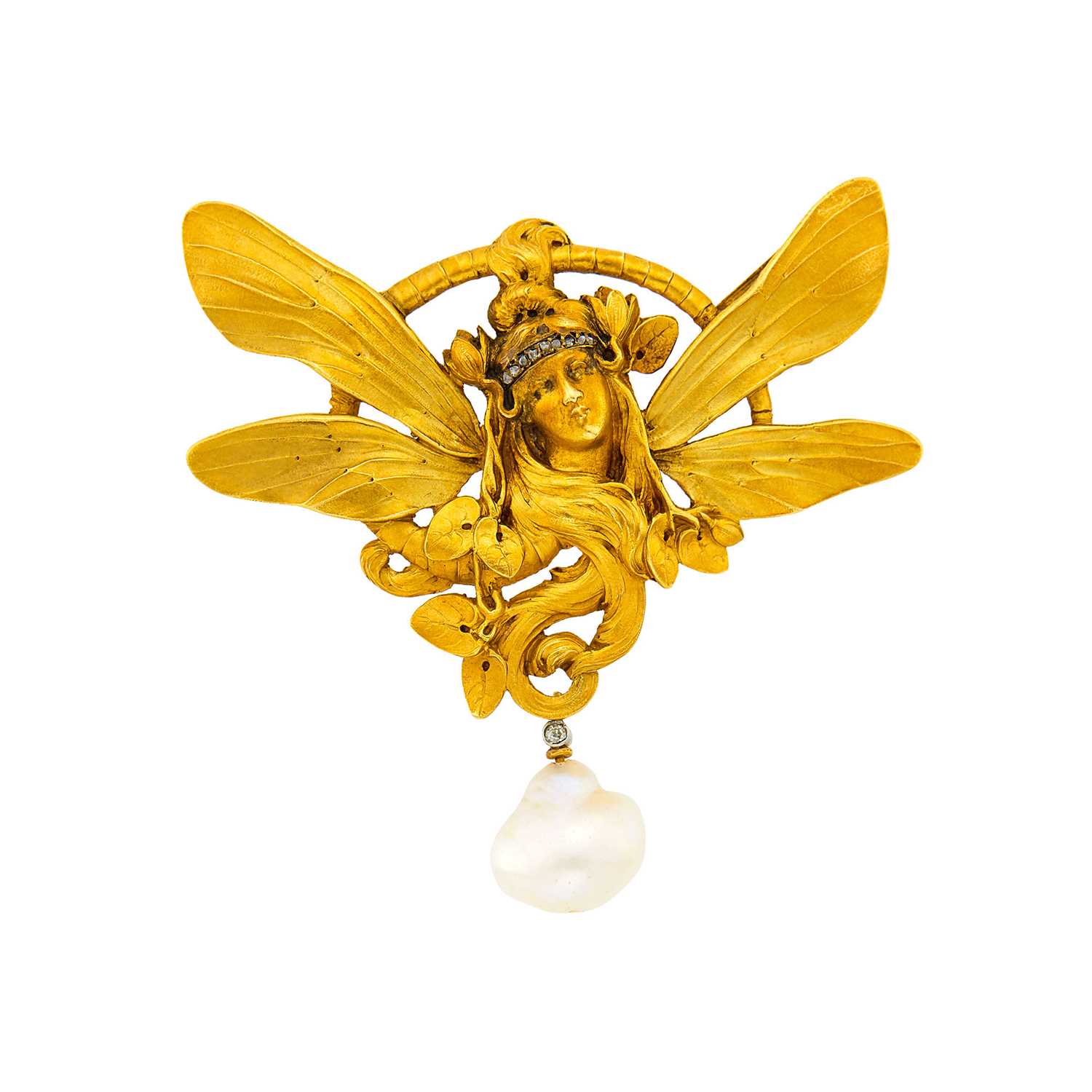 Lot 1070 - Art Nouveau Gold and Baroque Freshwater Pearl Brooch, France