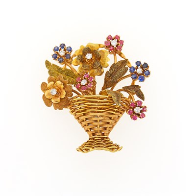 Lot 2067 - Tricolor Gold, Colored Stone and Diamond Bouquet Brooch