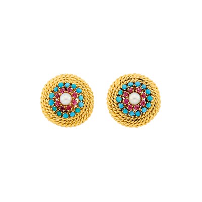Lot 2046 - Pair of Gold, Cultured Pearl, Ruby and Turquoise Earclips