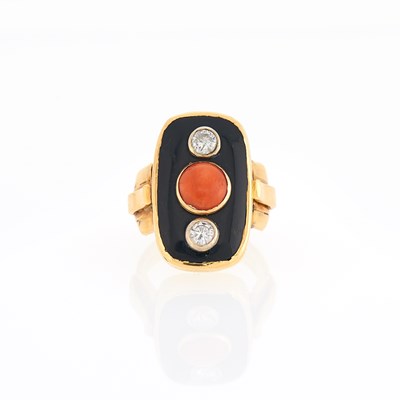 Lot 2176 - Gold, Black Onyx, Coral and Diamond Ring