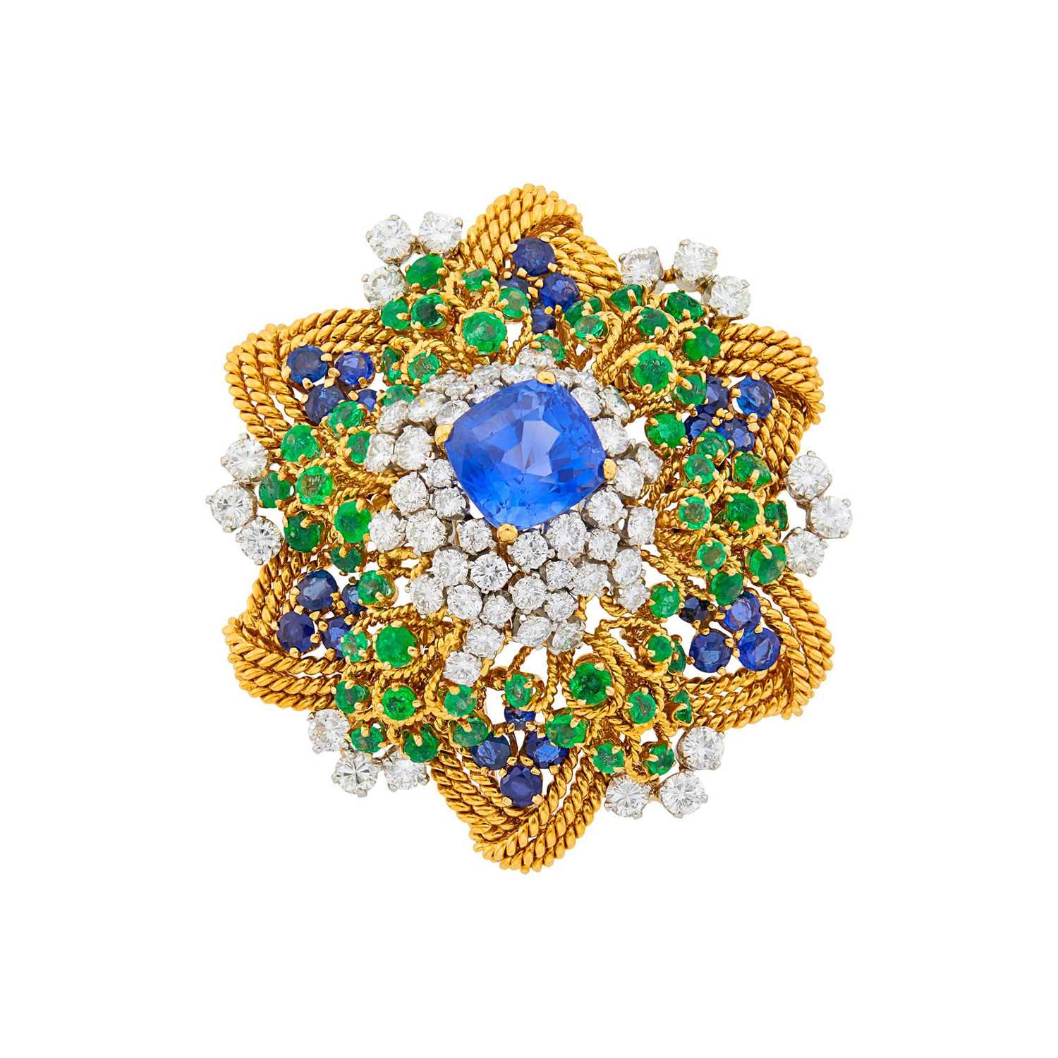 Lot 57 - David Webb Gold, Platinum, Sapphire, Emerald and Diamond Pendant Clip-Brooch