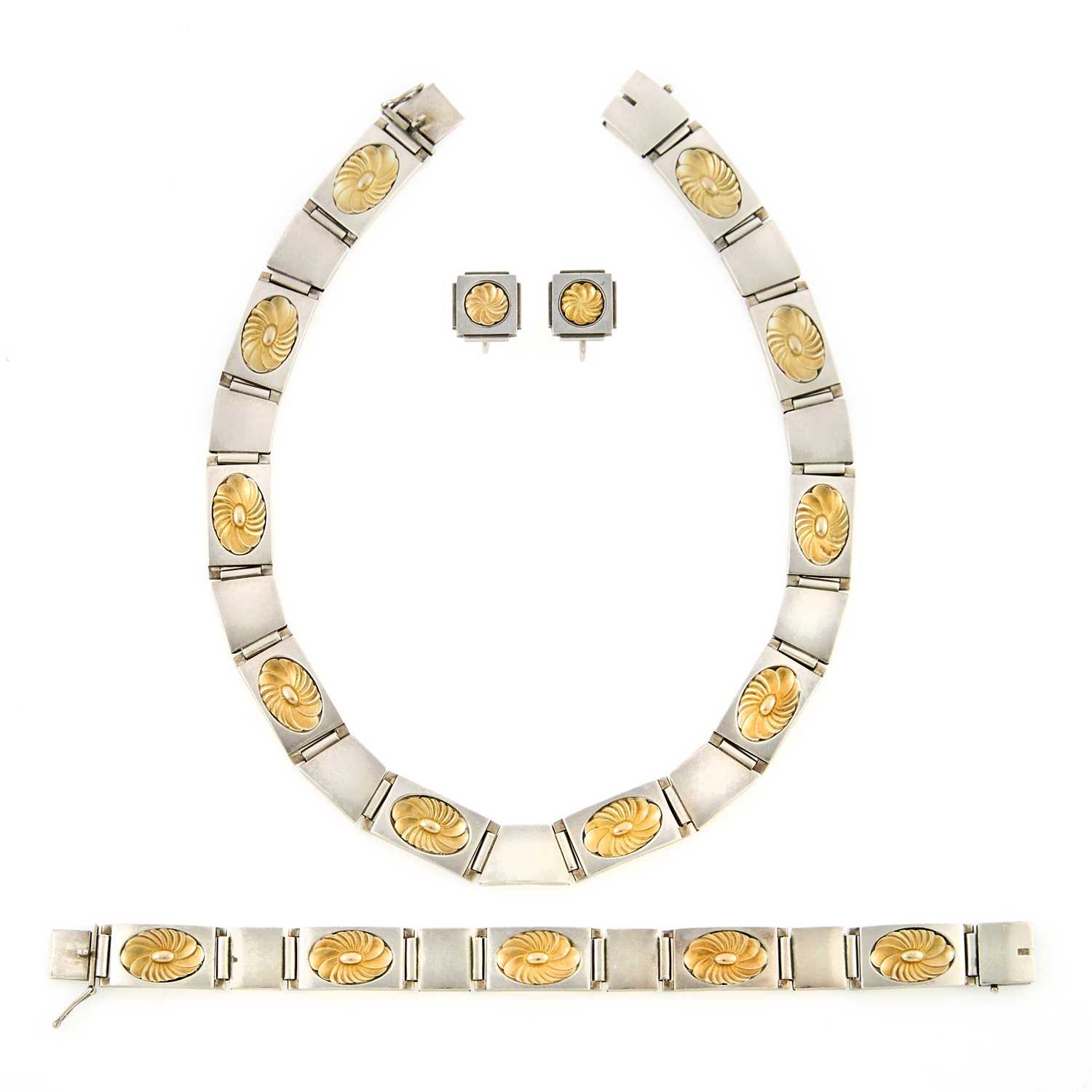 Lot 2131 - Georg Jensen Silver and Silver-Gilt Daisy Flower Necklace, Bracelet and Pair of Earclips
