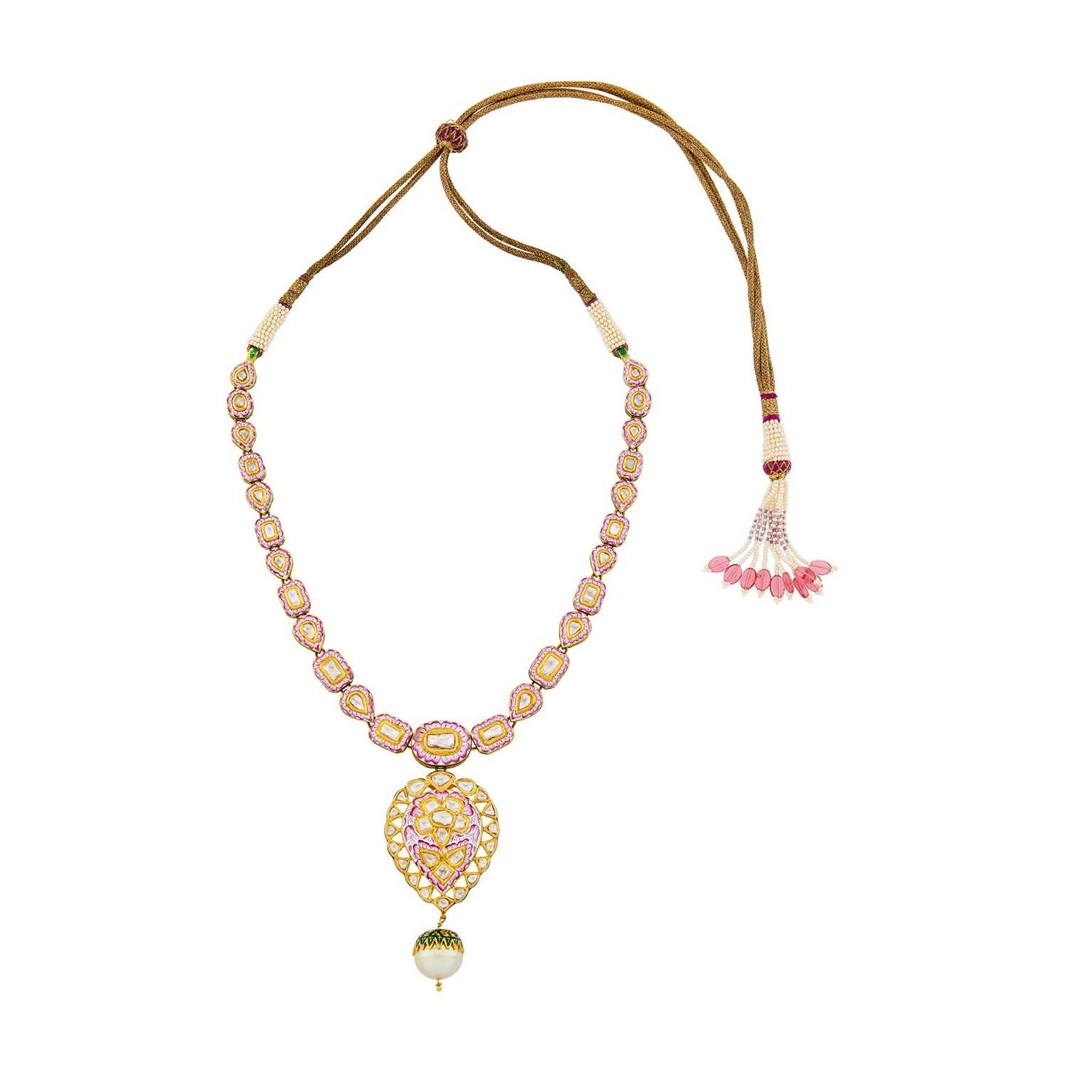 Lot 1029 - Indian Gold, Multicolored Enamel, Foil-Backed Diamond, Golden Cultured and Seed Pearl and Glass Bead Pendant-Necklace with Cord