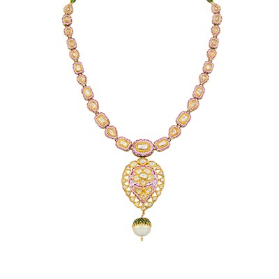 Lot 1029 - Indian Gold, Multicolored Enamel, Foil-Backed Diamond, Golden Cultured and Seed Pearl and Glass Bead Pendant-Necklace with Cord