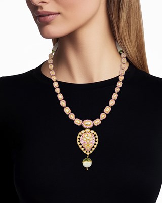 Lot 1029 - Indian Gold, Multicolored Enamel, Foil-Backed Diamond, Golden Cultured and Seed Pearl and Glass Bead Pendant-Necklace with Cord