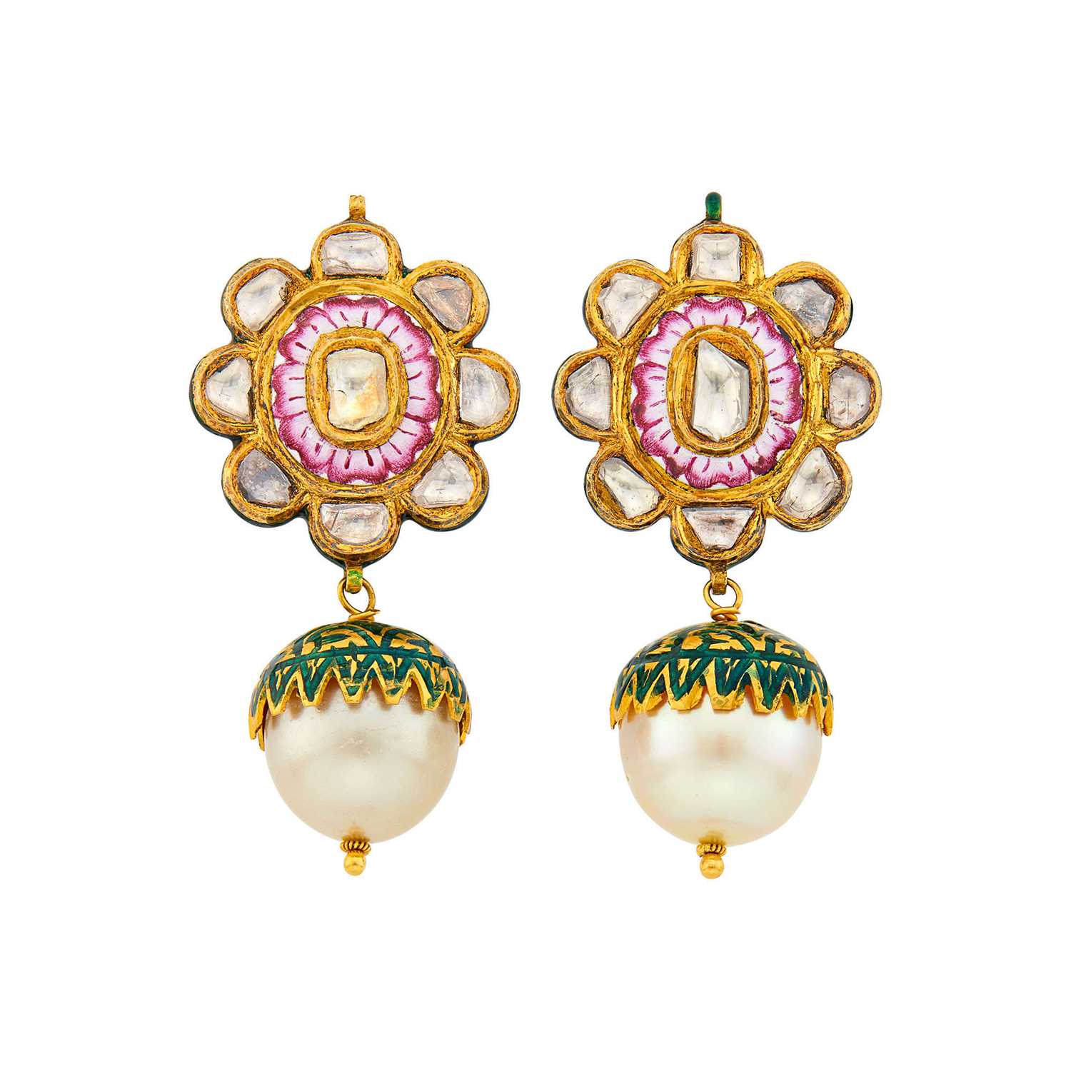 Lot 1030 - Pair of Indian Gold, Multicolored Enamel, Foil-Backed Diamond and Golden Cultured Pearl Pendant-Earrings