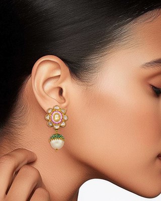 Lot 1030 - Pair of Indian Gold, Multicolored Enamel, Foil-Backed Diamond and Golden Cultured Pearl Pendant-Earrings