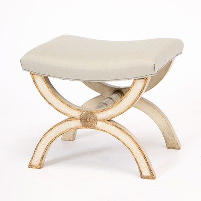 Lot 278 - Continental Neoclassical Style Upholstered Painted and Parcel Gilt Curule Stool