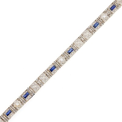 Lot 2218 - White Gold, Diamond and Synthetic Sapphire Bracelet