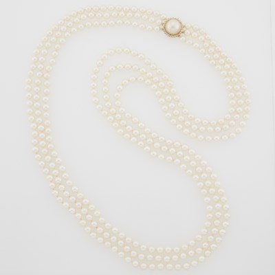 Lot 2139 - Long Triple Strand Cultured Pearl Necklace with Gold, Mabé Pearl and Diamond Clasp