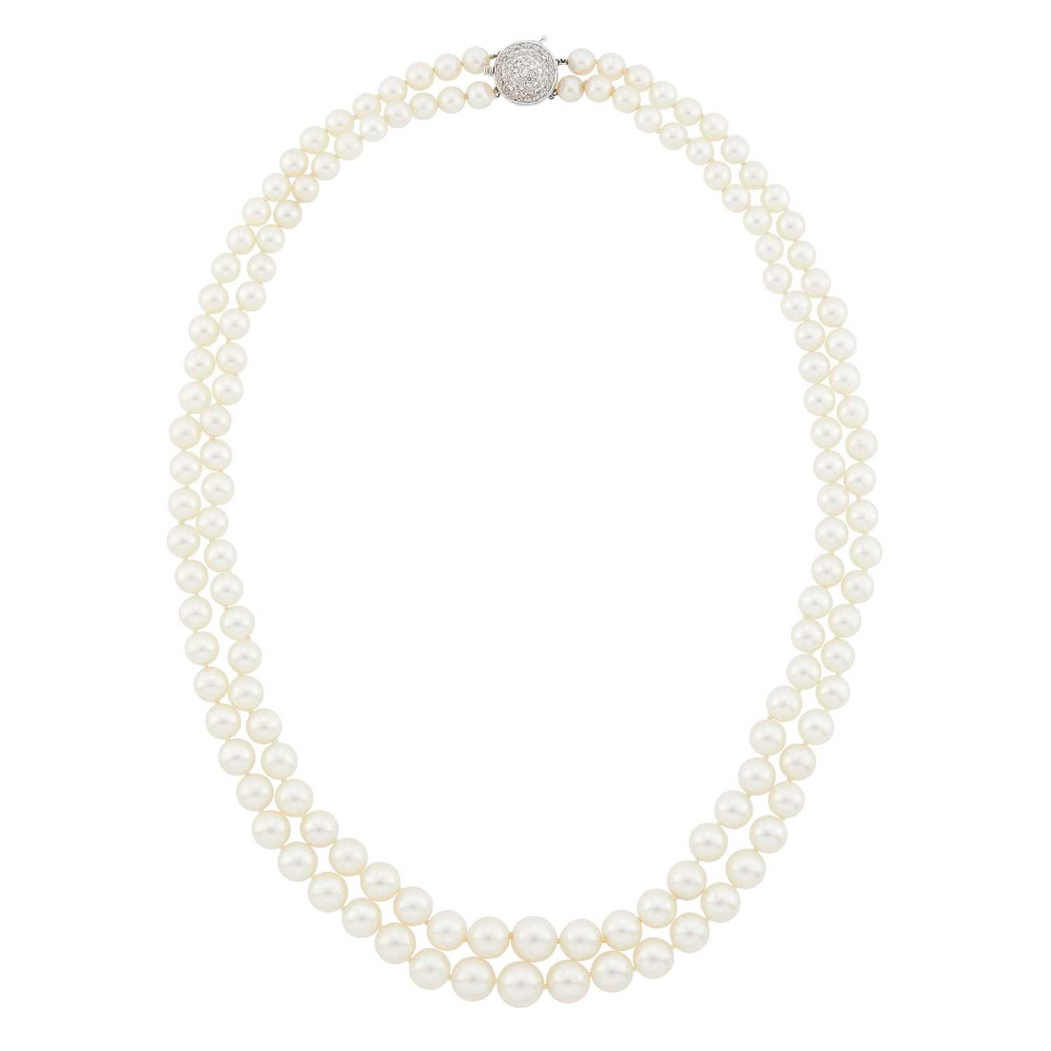 Lot 1035 - Double Strand Cultured Pearl Necklace with White Gold and Diamond Clasp